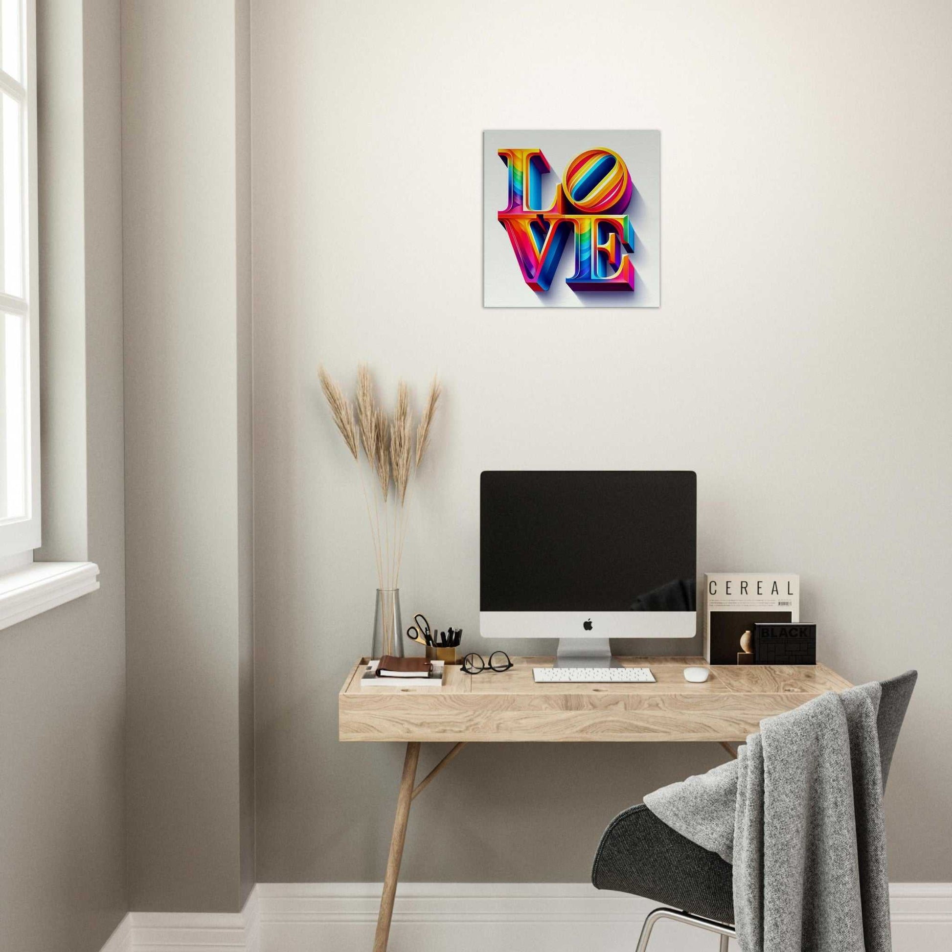 Love canvas art on wall above desk in home office, showcasing enhanced texture and vibrant design.