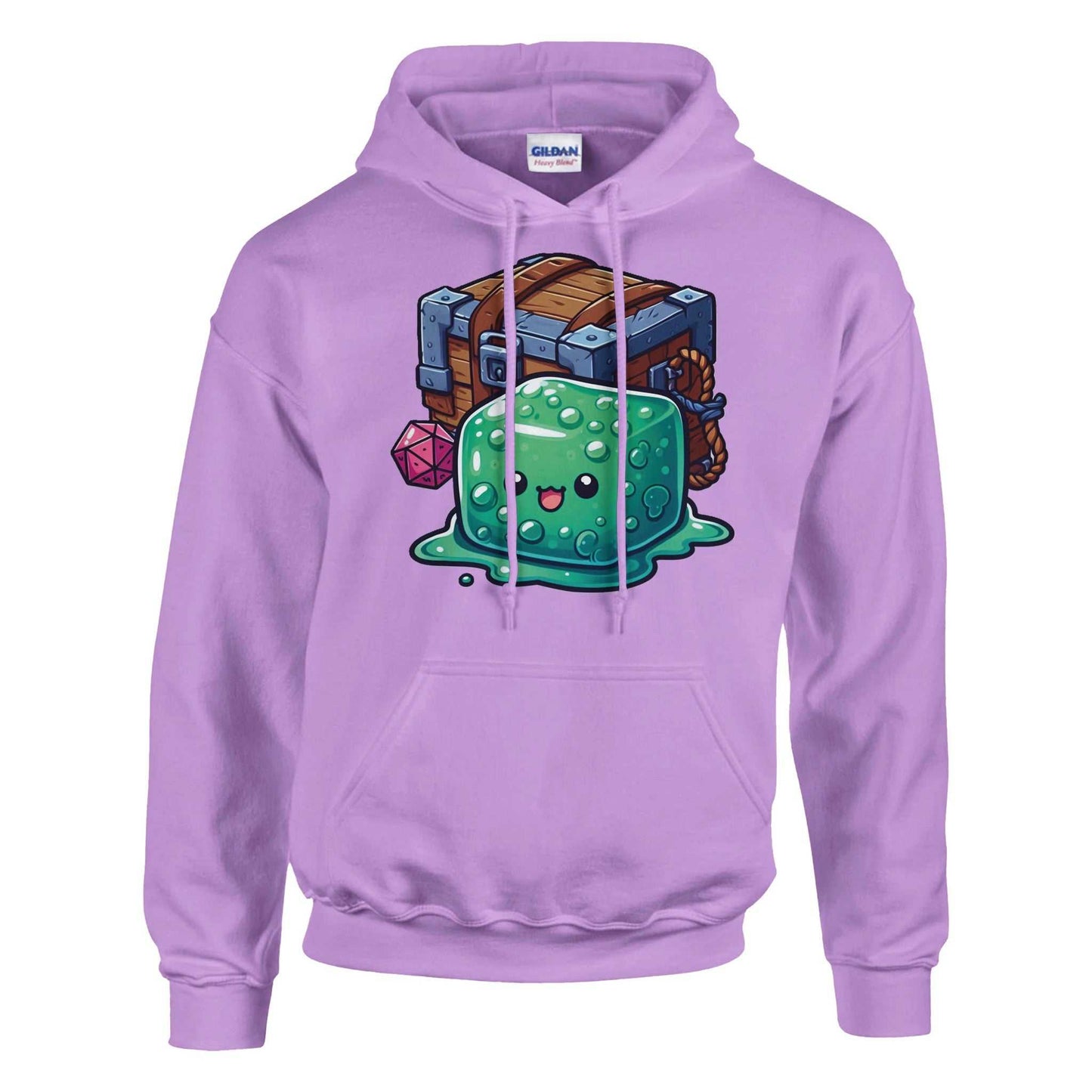 Purple hoodie featuring a cute gelatinous cube and mimic design, crafted from a soft cotton-polyester blend.