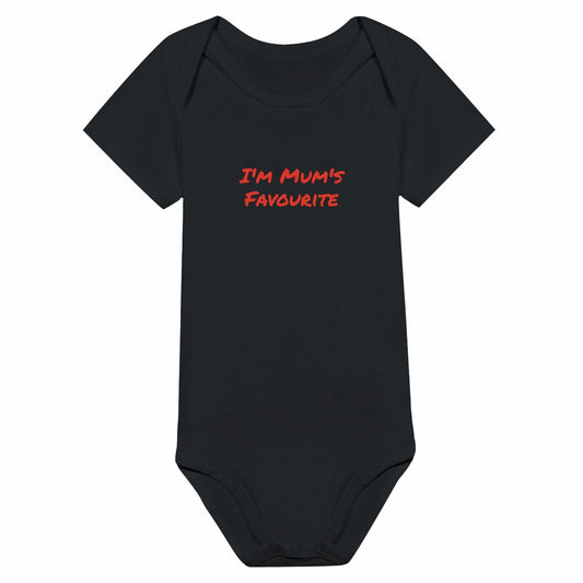 "I'm Mum's Favourite" classic baby short sleeve bodysuit in black.