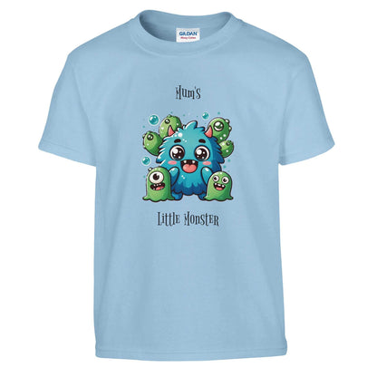 Mum's Little Monster Kids Crewneck T-shirt in light blue with cute monster design, 100% cotton.