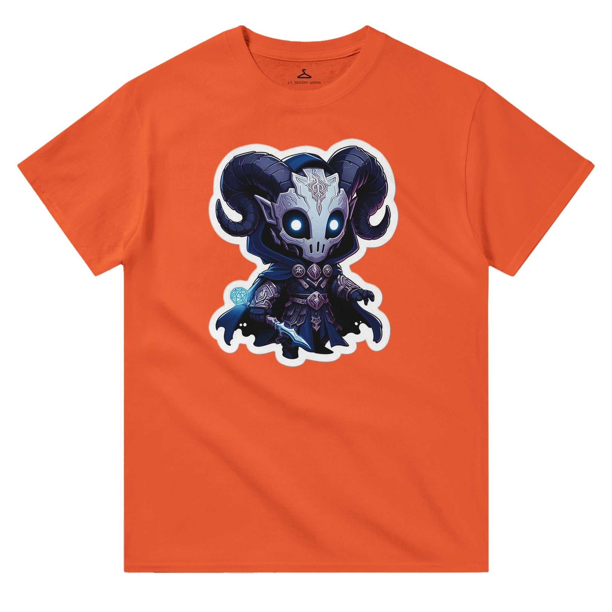 Voidwalker Men's Crewneck T-shirt in orange with a cartoon skull character design, made from heavyweight cotton for durable, casual wear.