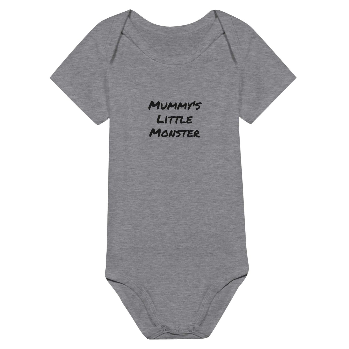 Mummy's Little Monster classic baby short sleeve bodysuit in gray with black text.