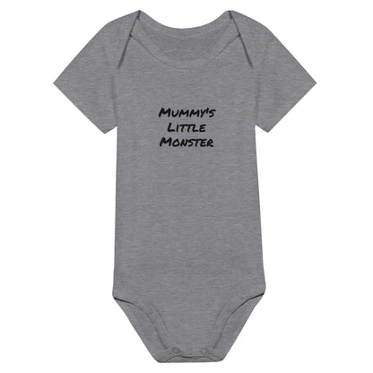 Mummy's Little Monster classic baby short sleeve bodysuit in gray with black text.