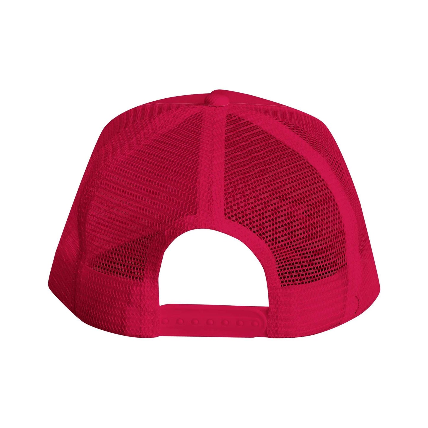 Rear view of red embroidered snapback trucker cap, featuring breathable mesh panels and adjustable back.