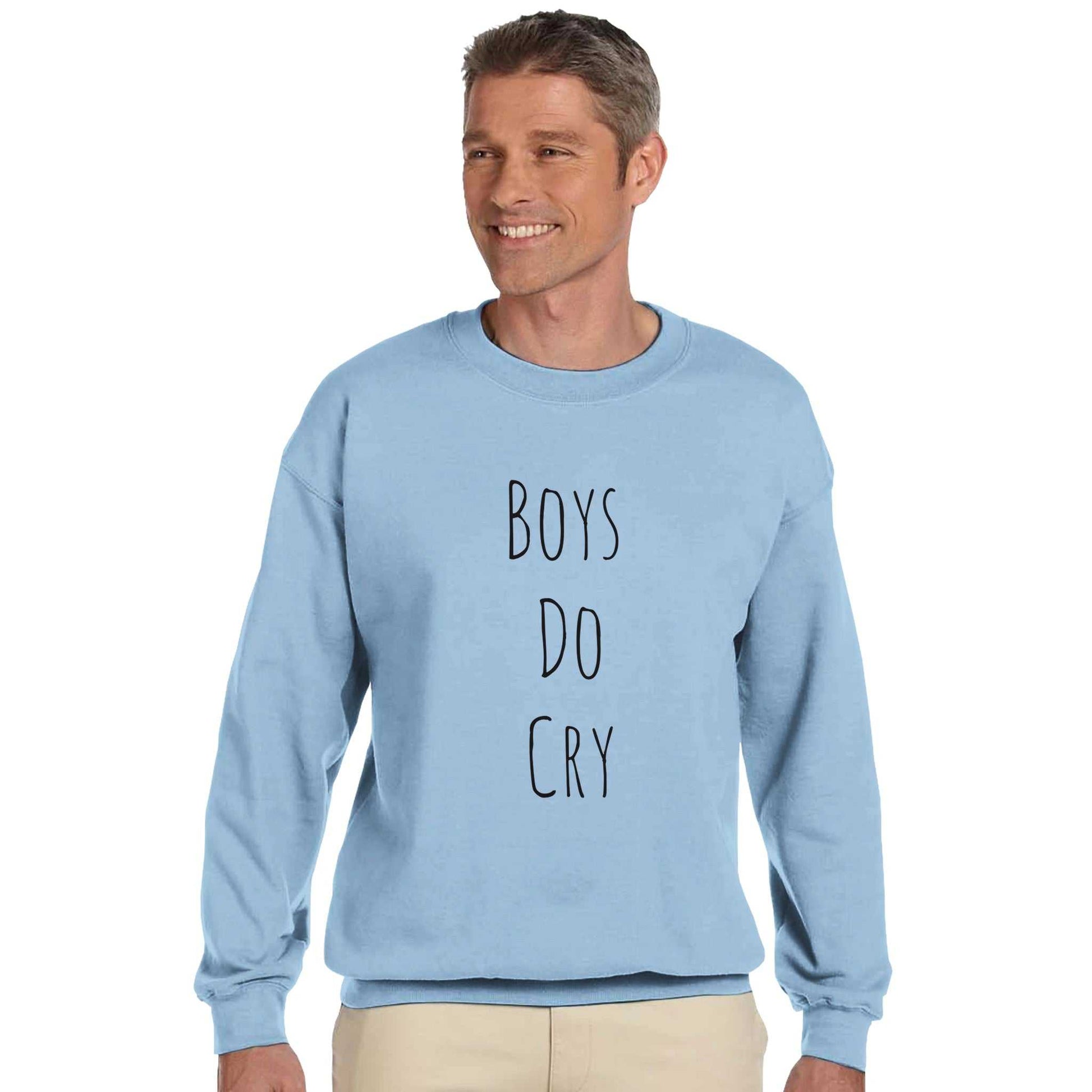 Boys do Cry printed classic crewneck sweatshirt in light blue worn by a model.