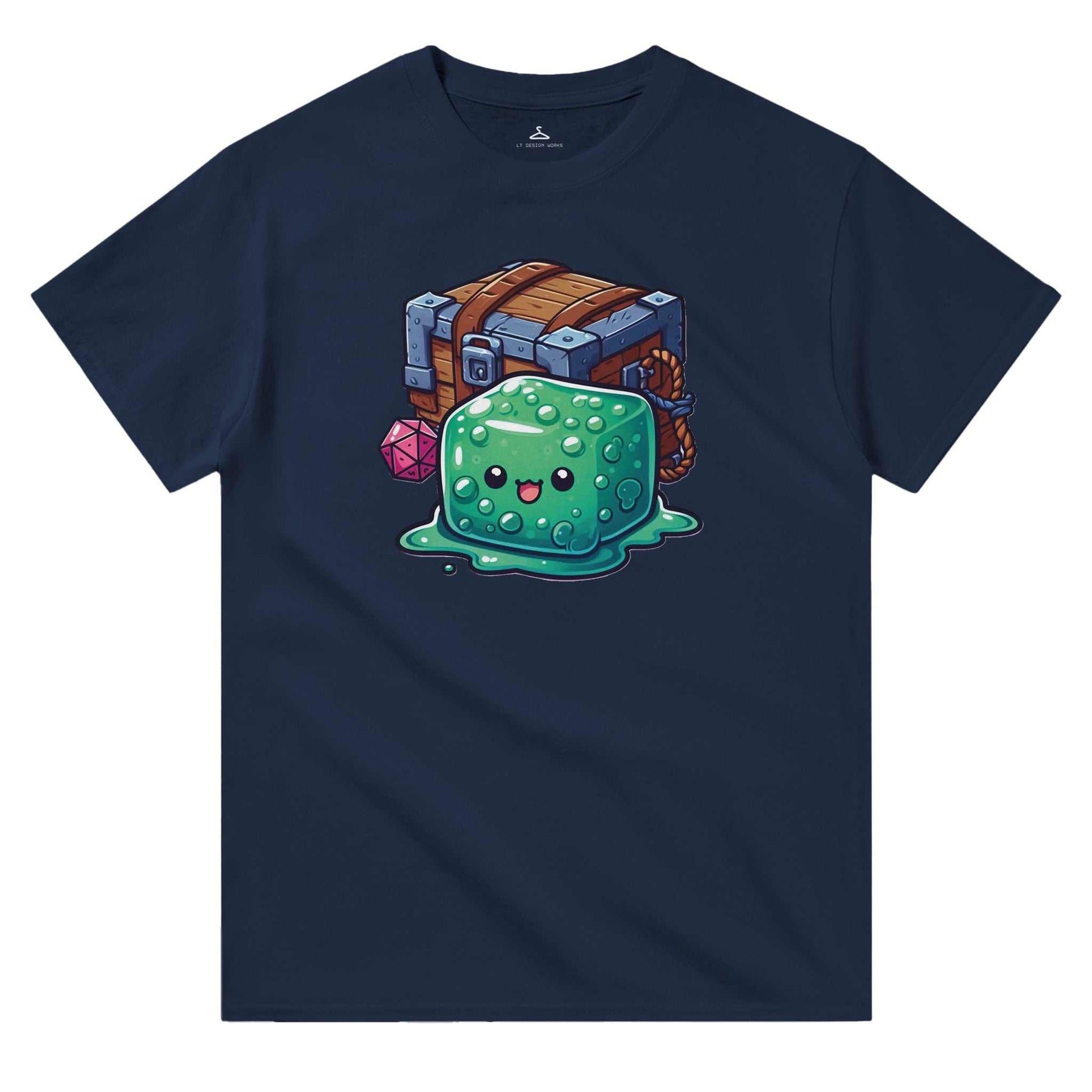 Men's crewneck t-shirt with Gelatinous Cube and Mimic design, heavyweight cotton, classic fit.