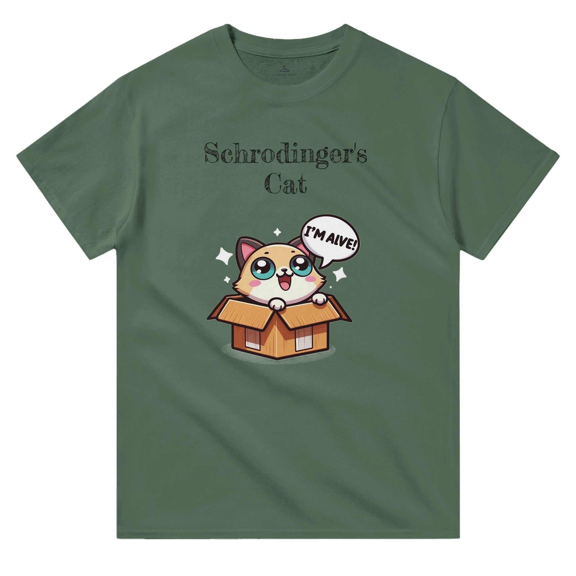 Schrodinger's Cat Crewneck T-shirt featuring a whimsical cat graphic in a classic fit, 100% cotton fabric.