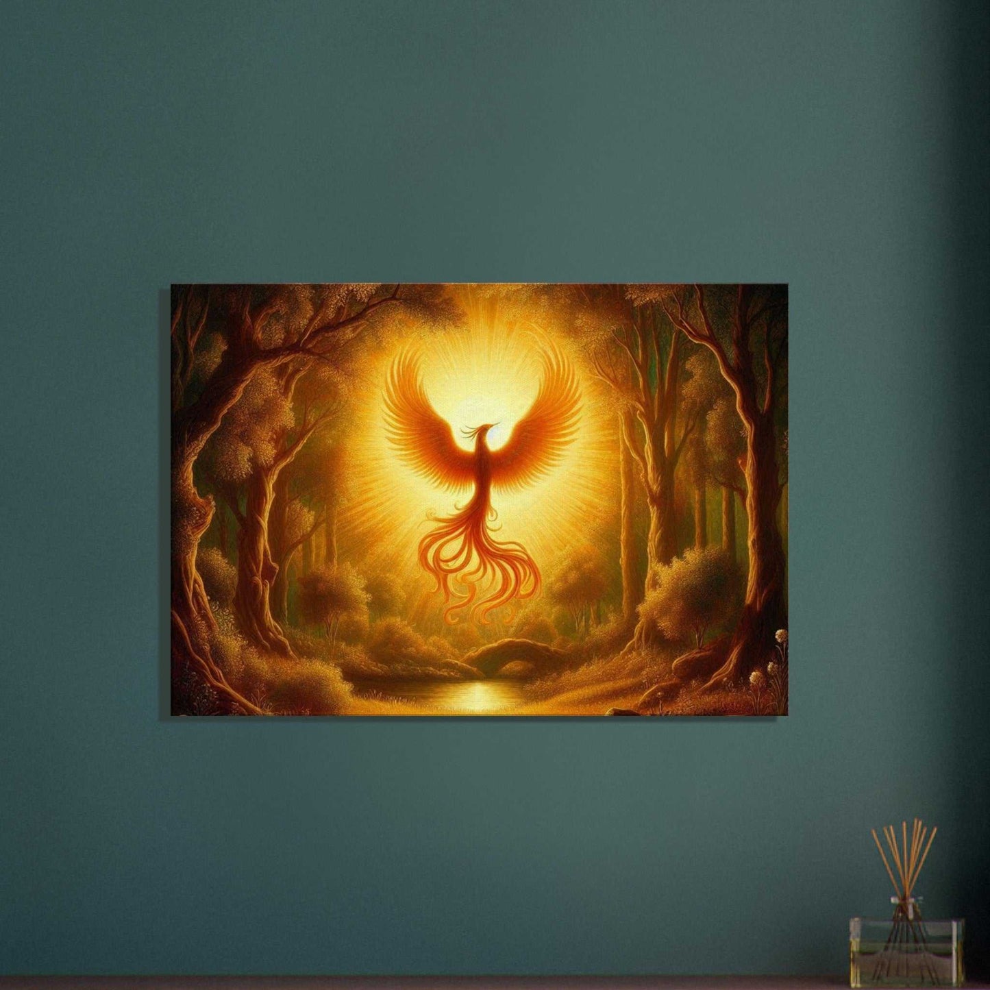 Phoenix Birth Canvas artwork depicting a phoenix in a forest, printed on textured cotton-polyester blend canvas, with included hanging kit.