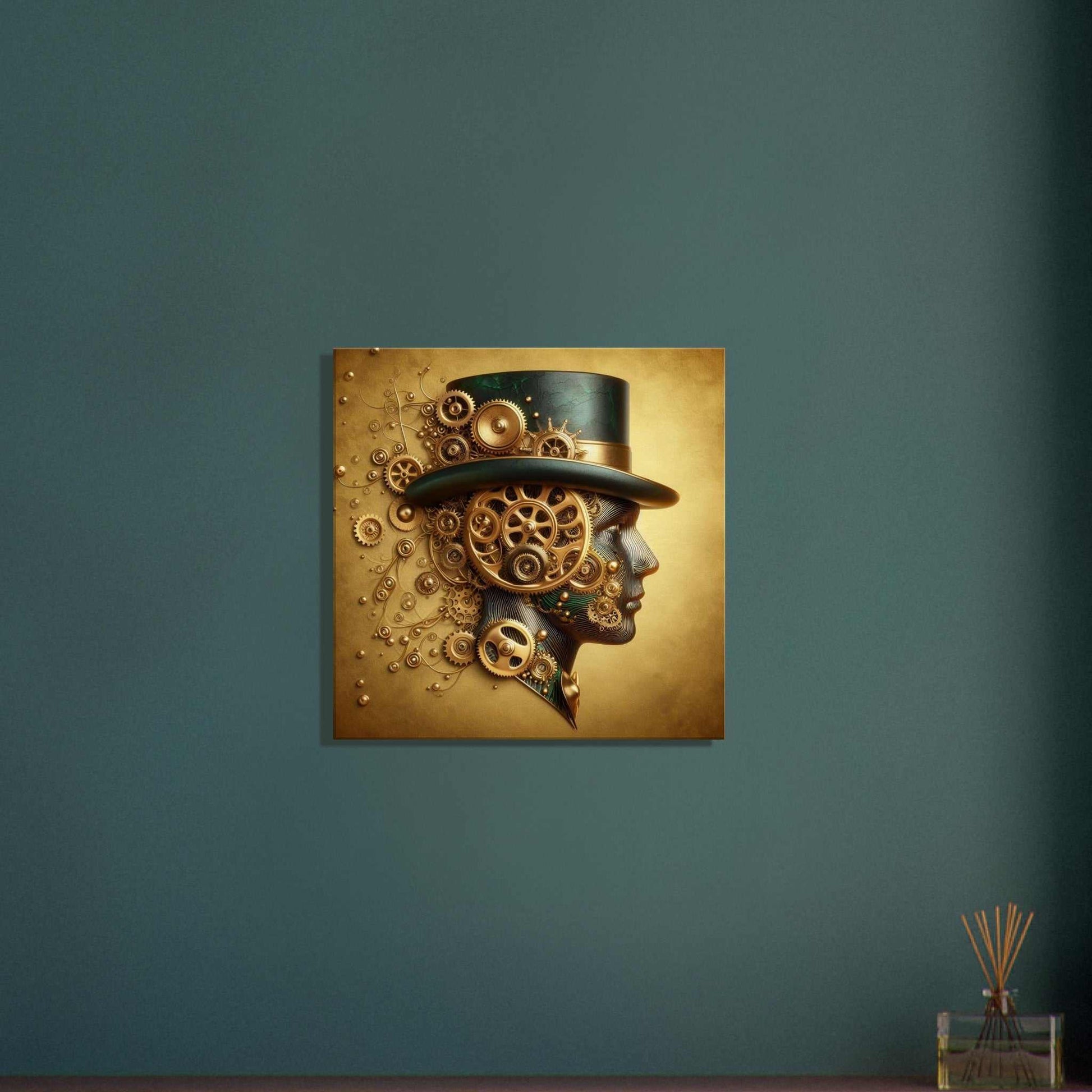 Canvas print featuring Clockwork Man design, slim frame, cotton-polyester blend, FSC-certified wood, shipped with hanging kit.