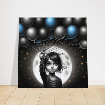 Canvas print of a girl holding balloons in front of a moonlit sky, highlighting texture and artistic detail.