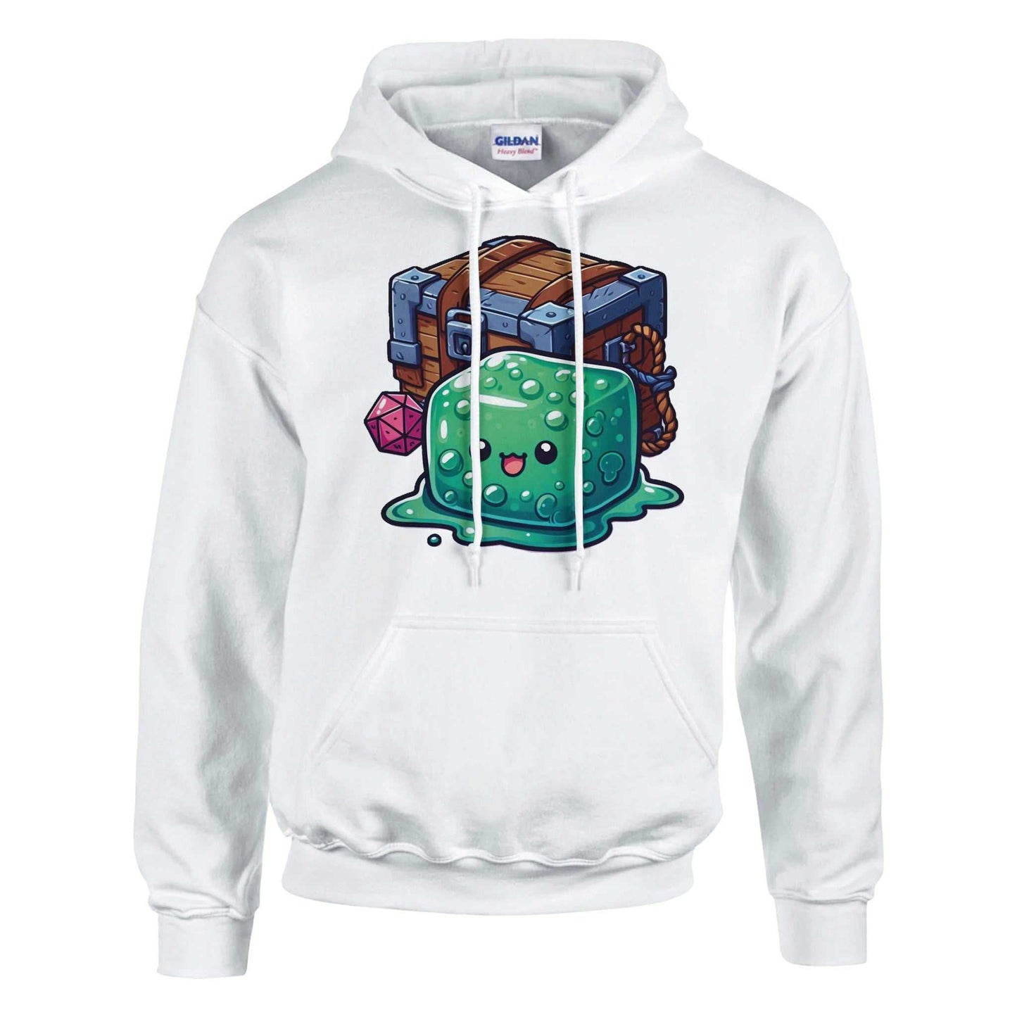 Gelatinous Cube and Mimic pullover hoodie with cartoon design, heavy blend fabric, and front pouch pocket.