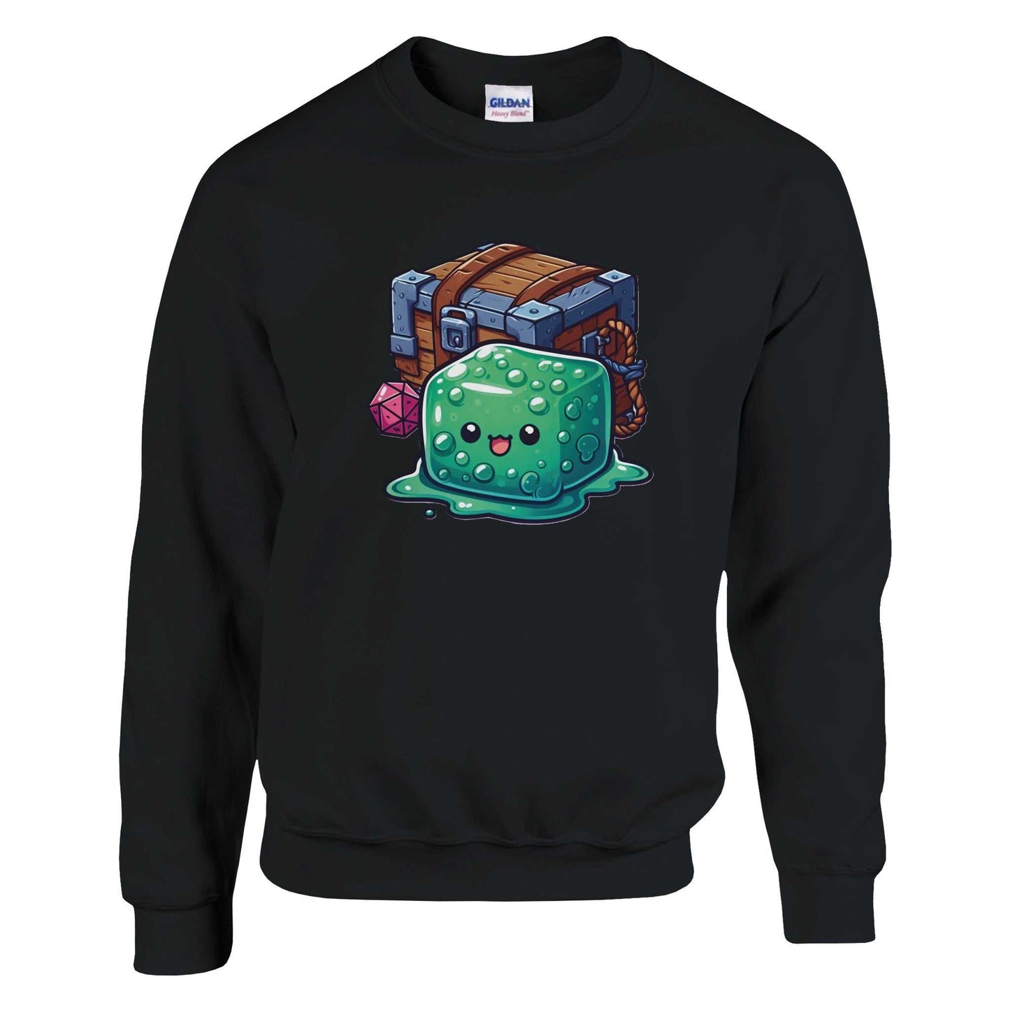 Gelatinous Cube and Mimic design women's crewneck sweatshirt, black, 50% cotton, 50% polyester blend.