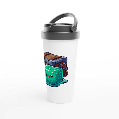 Mimic 15oz stainless steel travel mug with leak-proof design and illustration.