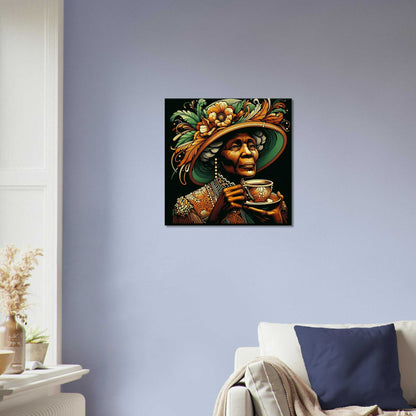 Tea time Canvas wall art in living room setting, features elegant woman with teacup, canvas material with cotton-polyester blend.