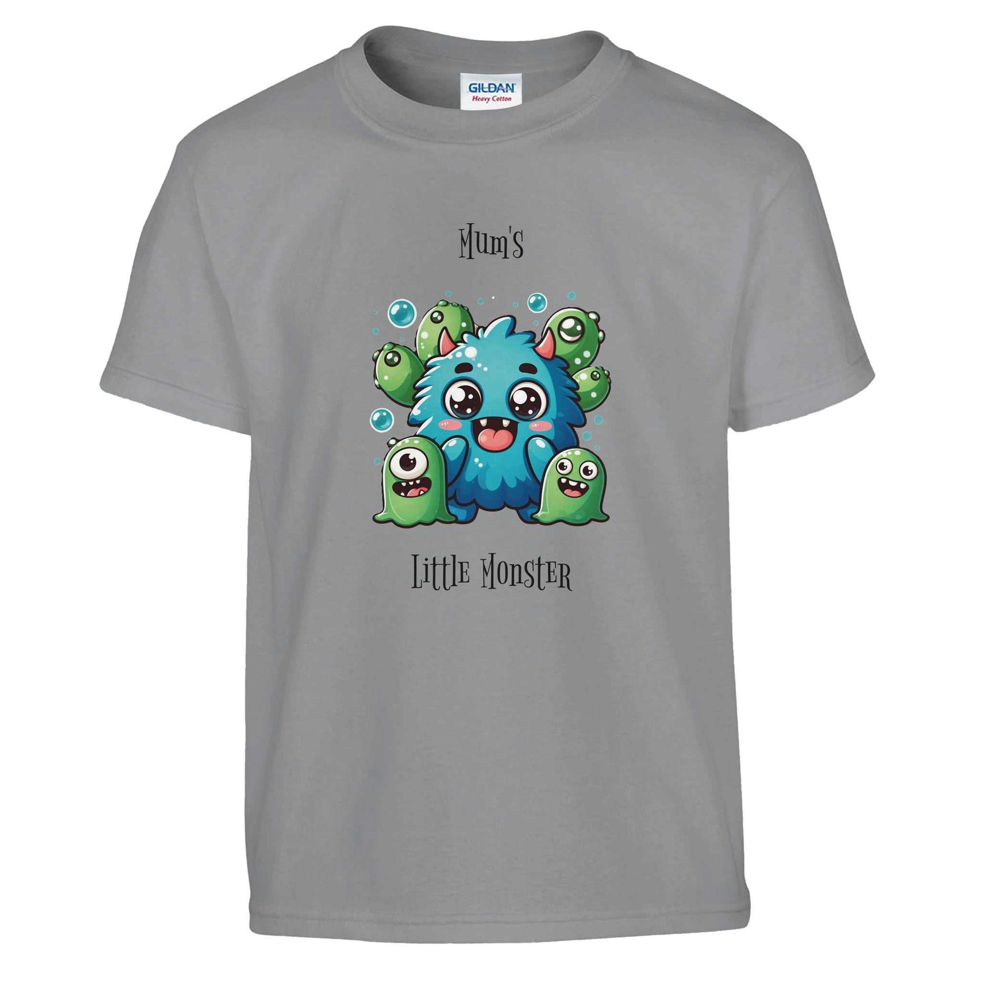 Mum's Little Monster Kids Crewneck T-shirt featuring a cute monster design on grey fabric, made of 100% ring-spun cotton.