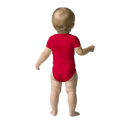 Red Happy Christmas Unisex Classic Baby Short Sleeve Bodysuit on a baby, featuring lap shoulders and soft 100% cotton fabric.