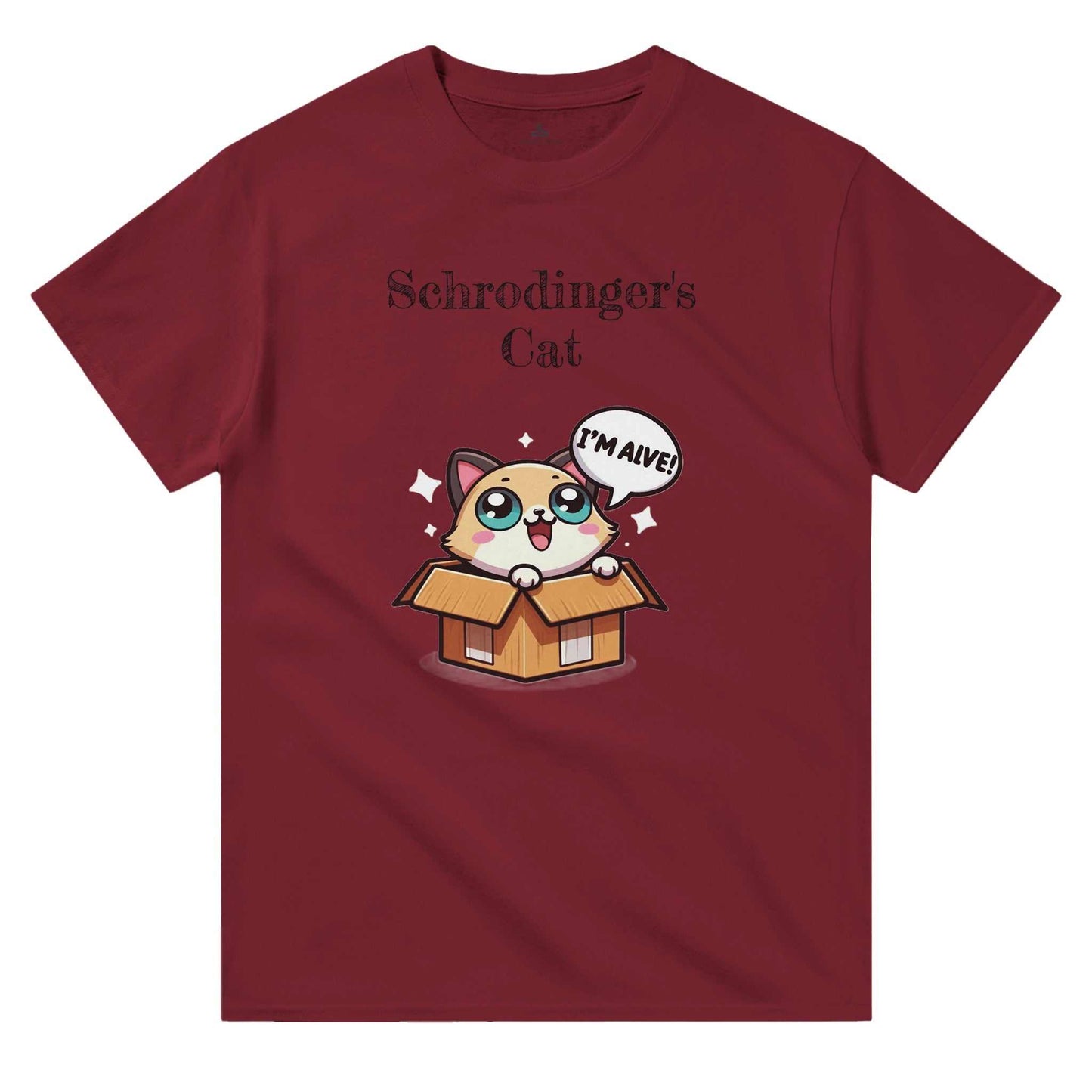 Red Schrödinger's Cat crewneck t-shirt with cartoon cat in box design; 100% cotton, classic fit.