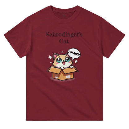 Red Schrödinger's Cat crewneck t-shirt with cartoon cat in box design; 100% cotton, classic fit.