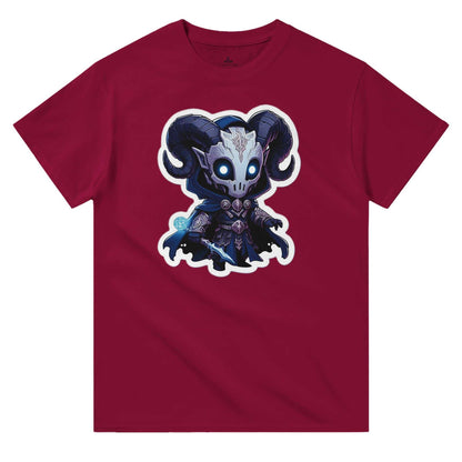 Voidwalker Women's Crewneck T-shirt featuring a playful horned character design on a red heavyweight cotton fabric.