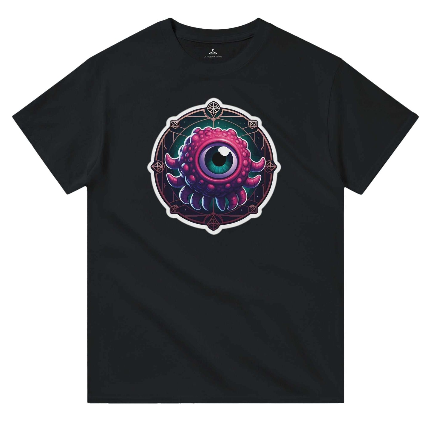 Beholder Men's Crewneck Tshirt with vibrant graphic design on black cotton fabric.