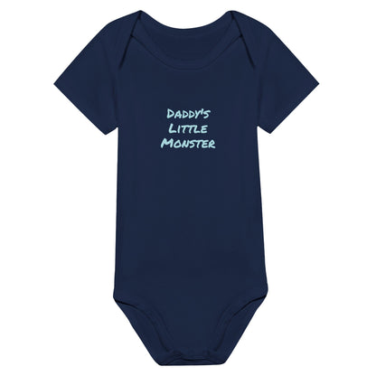 Daddy's Little Monster Classic Baby Short Sleeve Bodysuit in navy blue.