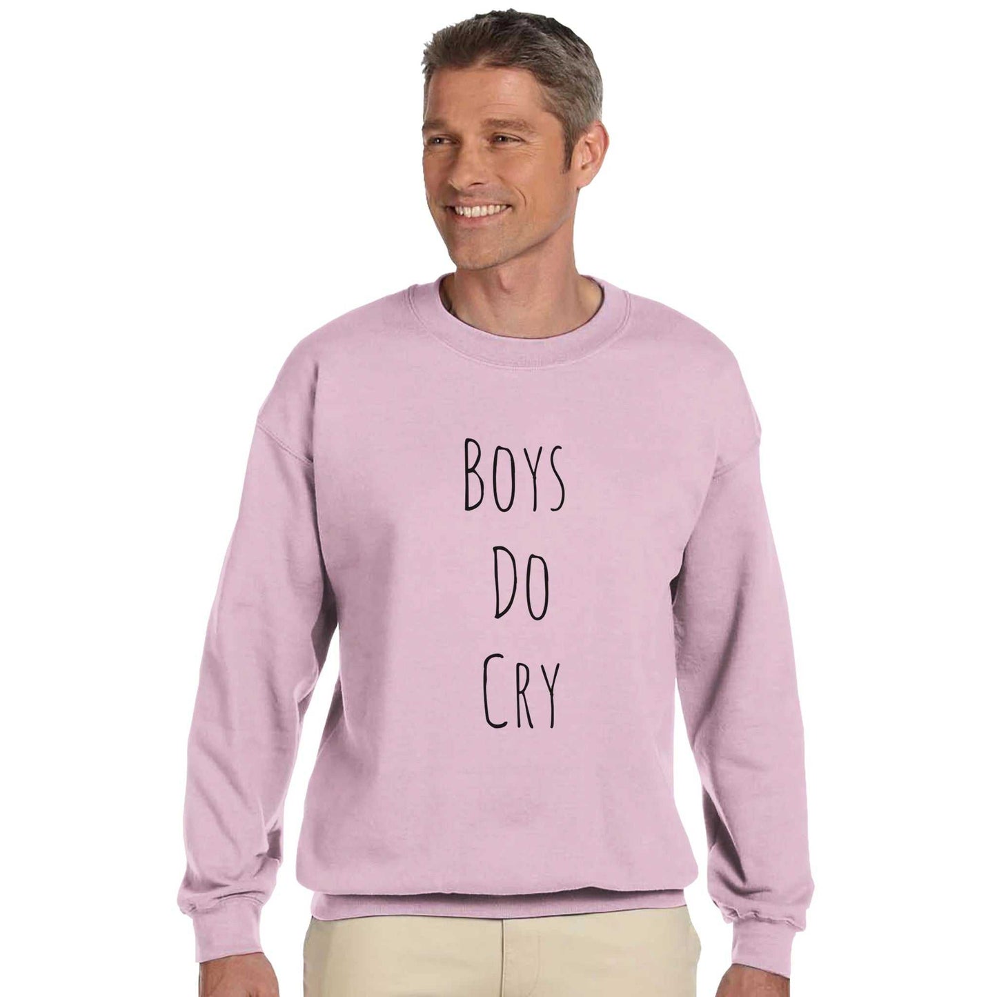 Pink "Boys do Cry" printed classic crewneck sweatshirt for men, soft cotton-polyester blend, casual style.