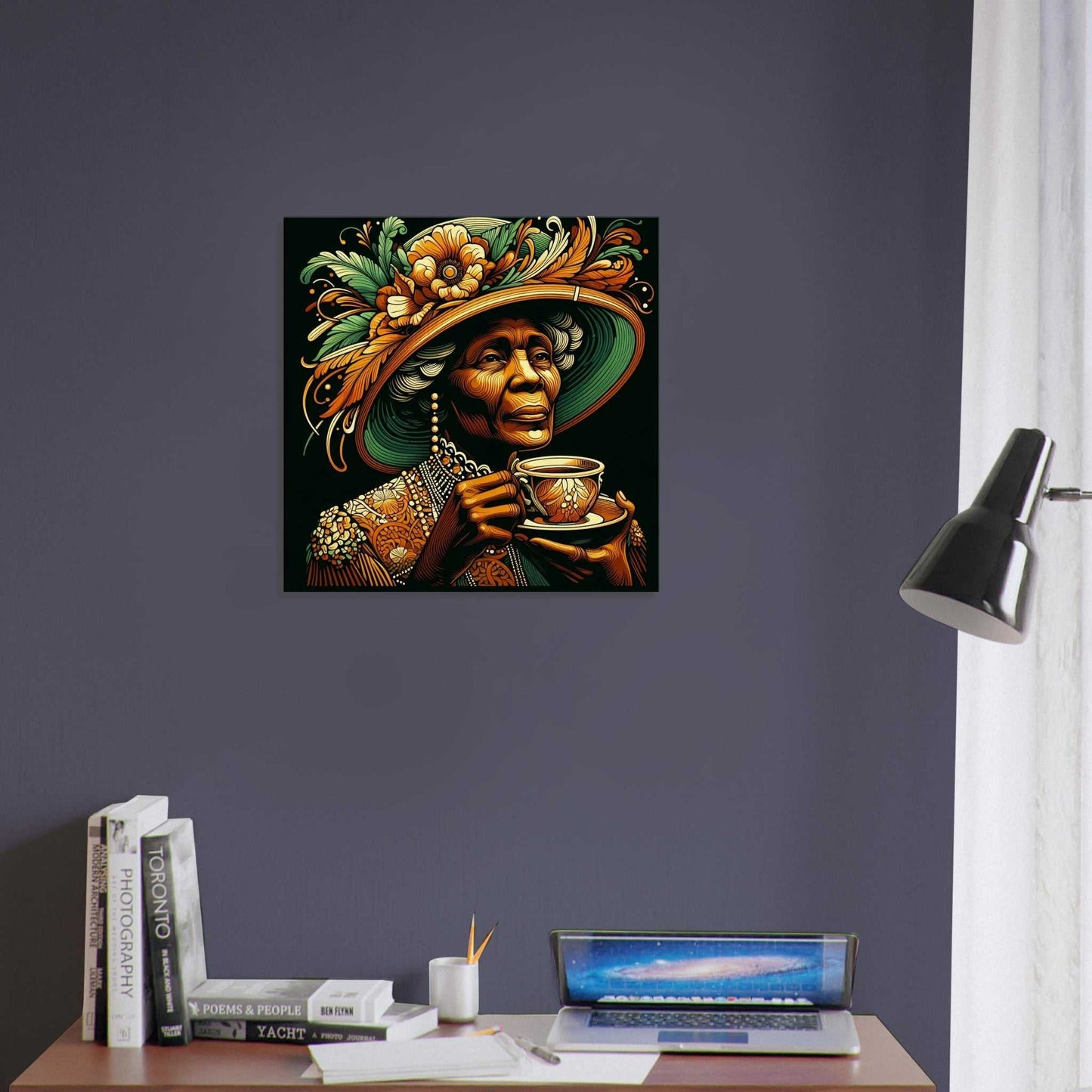 Tea time Canvas print on wall with colorful design of a person enjoying tea, enhancing room decor.