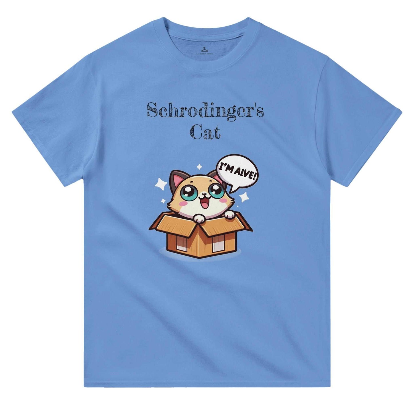 Blue Schrödinger's Cat crewneck t-shirt with cartoon cat graphic.