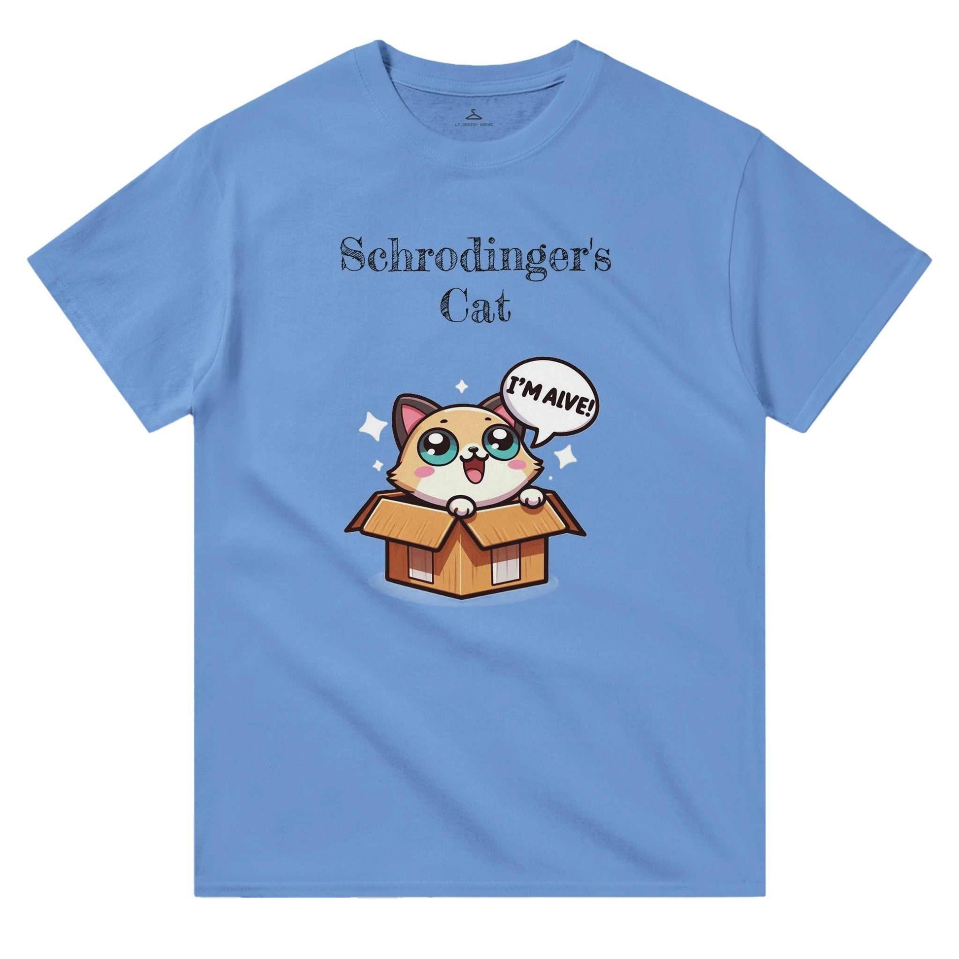 Blue Schrödinger's Cat crewneck t-shirt with cartoon cat graphic.