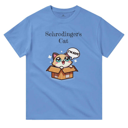 Blue Schrödinger's Cat crewneck t-shirt with cartoon cat graphic.