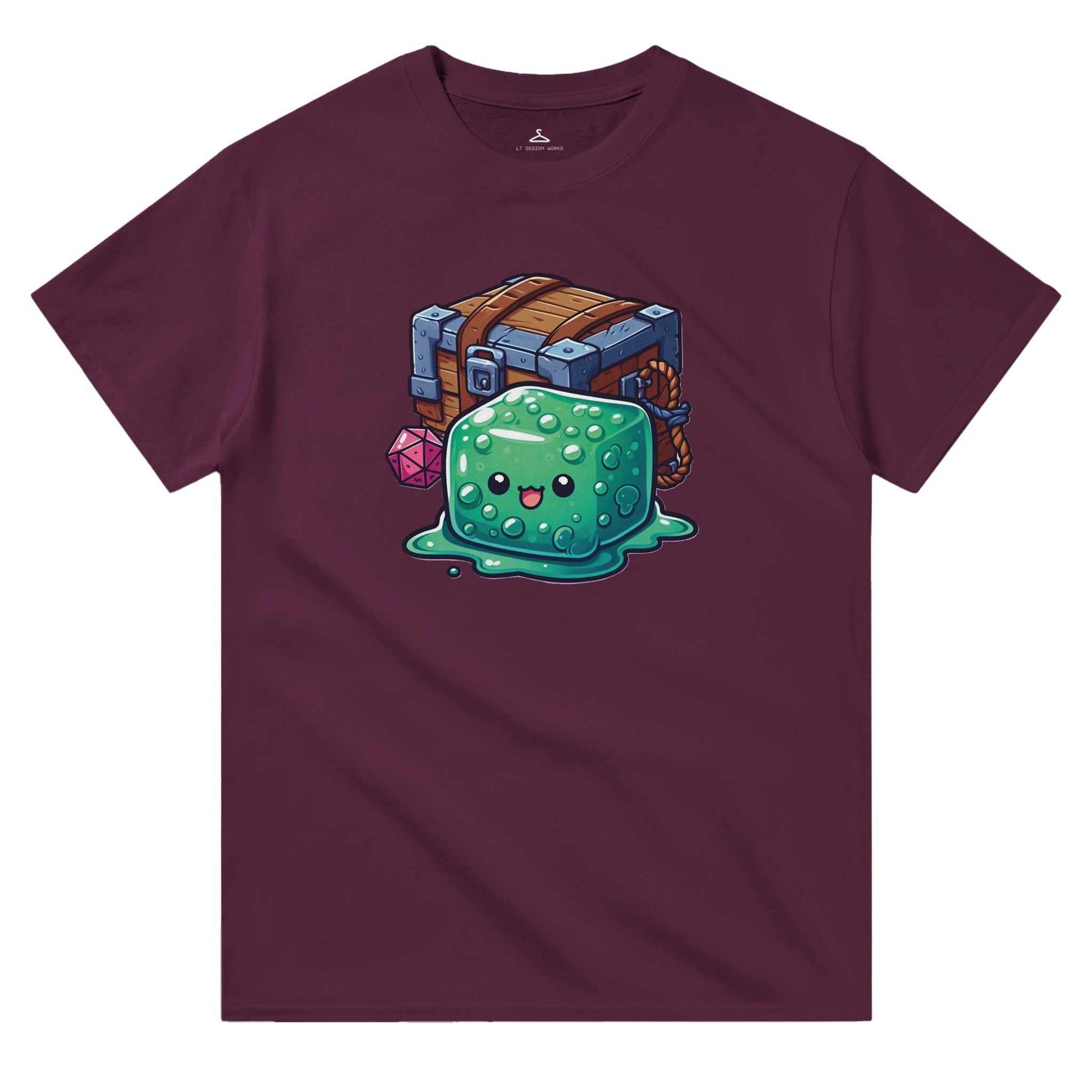 Women's crewneck t-shirt featuring a cute gelatinous cube and mimic design, 100% cotton, classic fit.