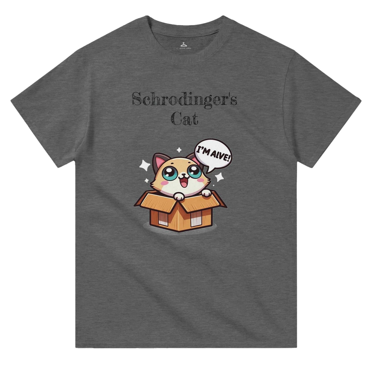 Schrodinger's Cat Crewneck T-shirt featuring a cartoon cat in a box with text, made from 100% cotton, classic fit.