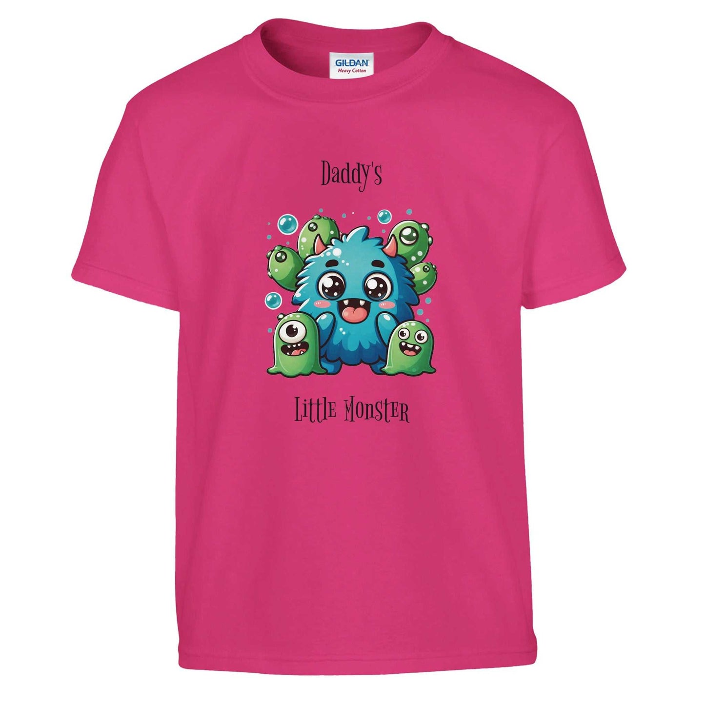 Monster Kids Crewneck T-shirt with cute monster print, Gildan 64000L, 100% cotton, pink color.