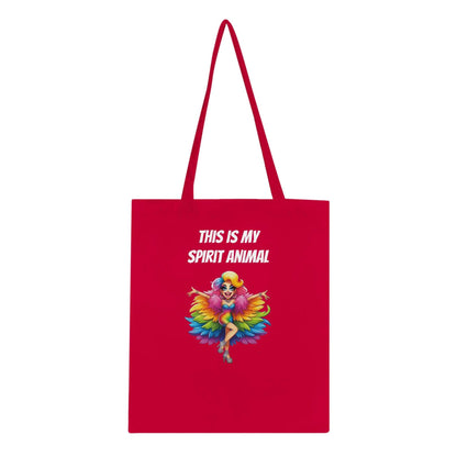 Red eco-friendly cotton tote bag with "This Is My Spirit Animal" design, featuring reinforced stitching for durability.