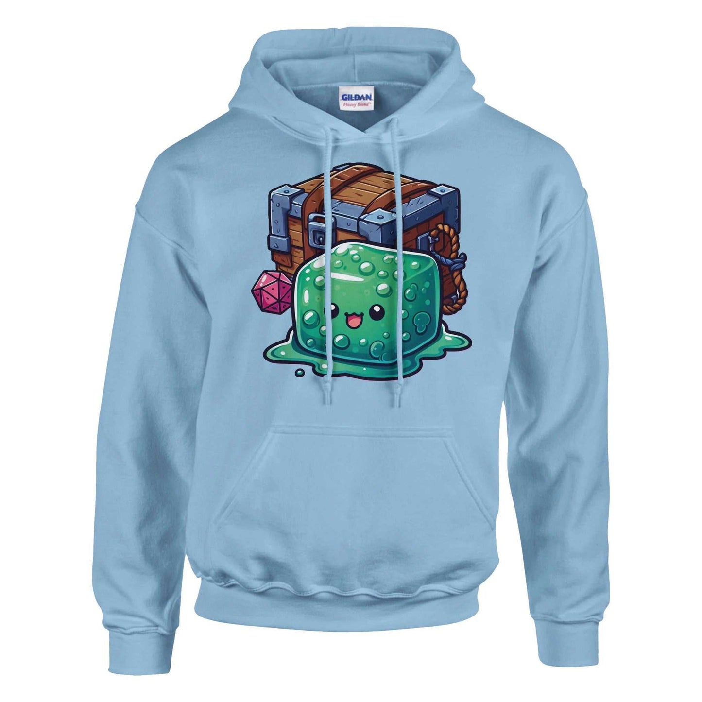 Gelatinous Cube and Mimic design on men's pullover hoodie, soft cotton-poly blend.