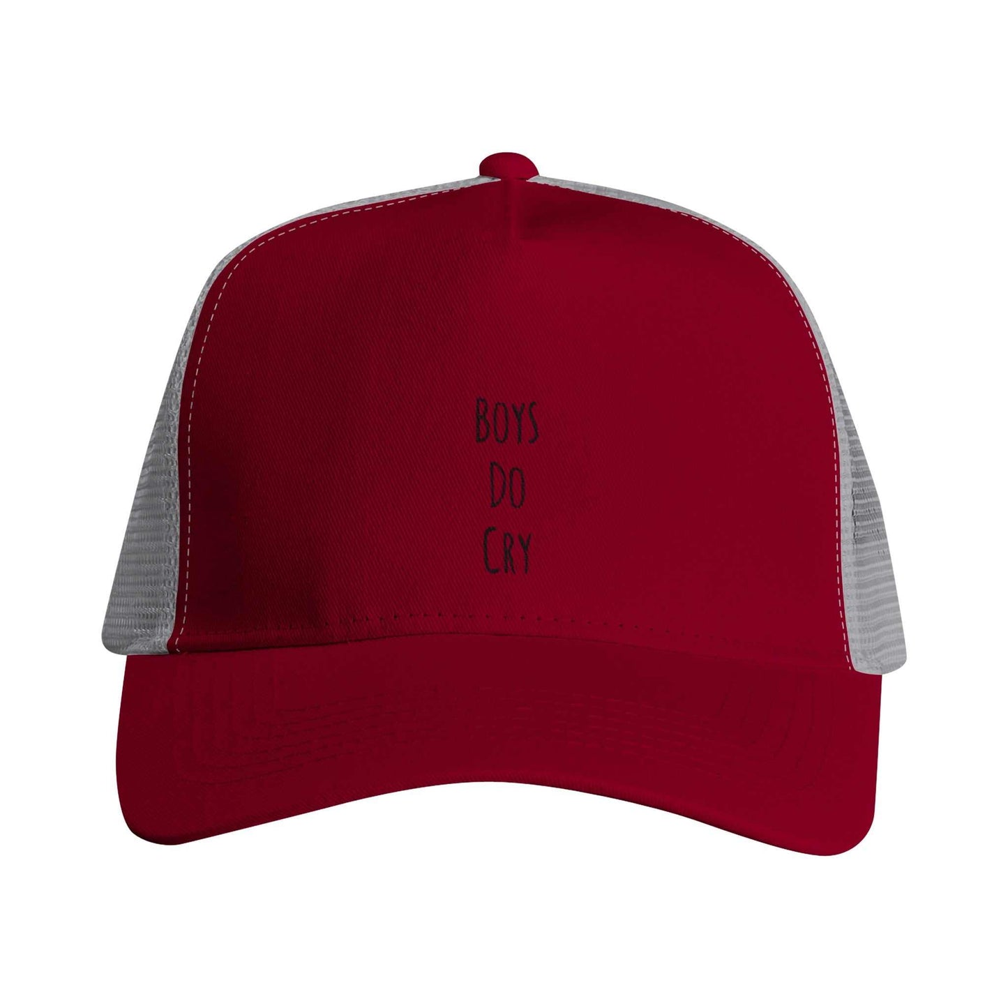 Boys Do Cry embroidered snapback trucker cap with red front and grey mesh panels.