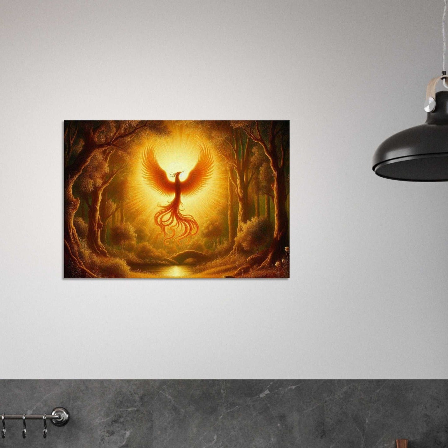 Phoenix birth canvas art on wall, showcasing vibrant colors and exquisite texture.