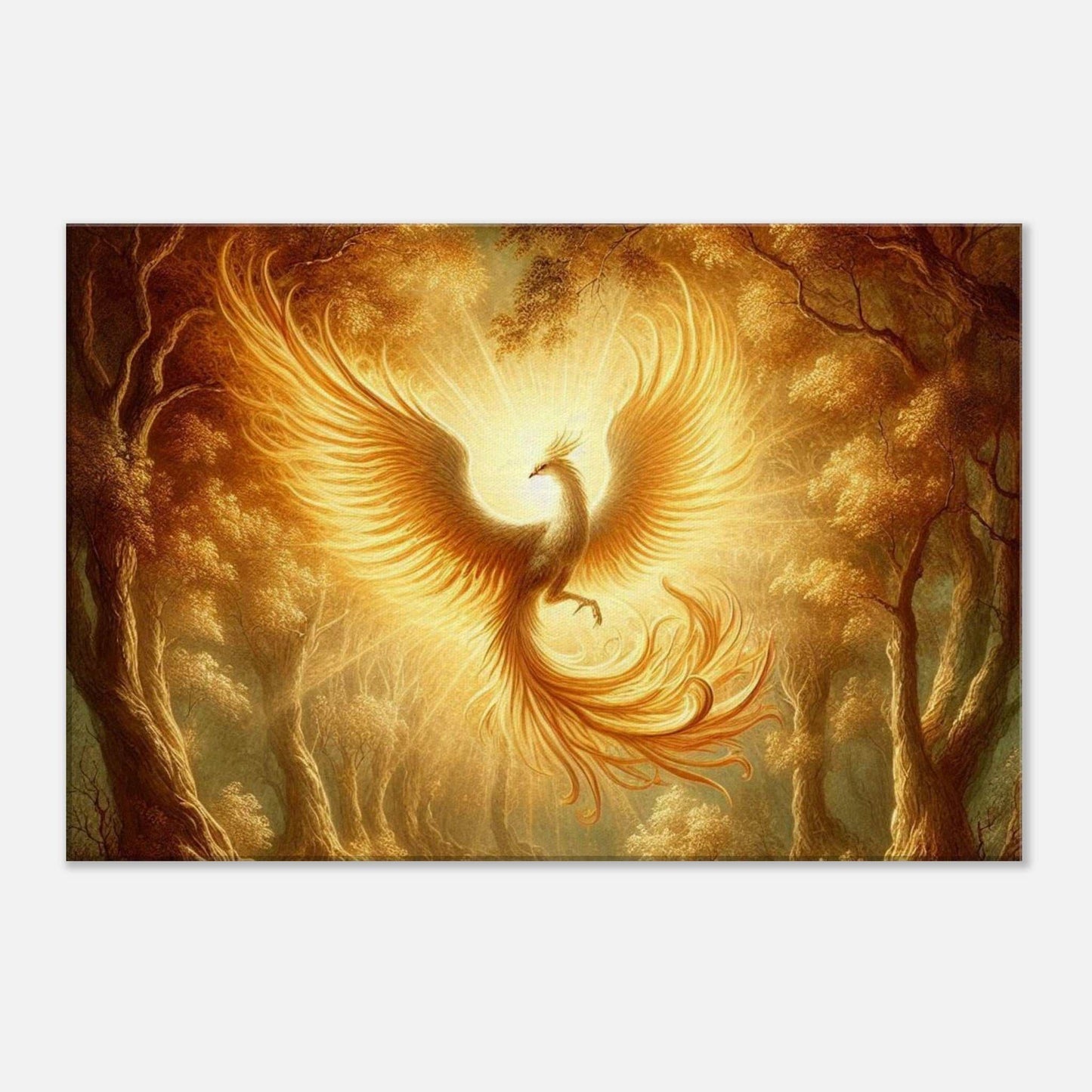 Phoenix Flight Canvas depicting a vibrant phoenix soaring amid glowing trees with textured elegance.