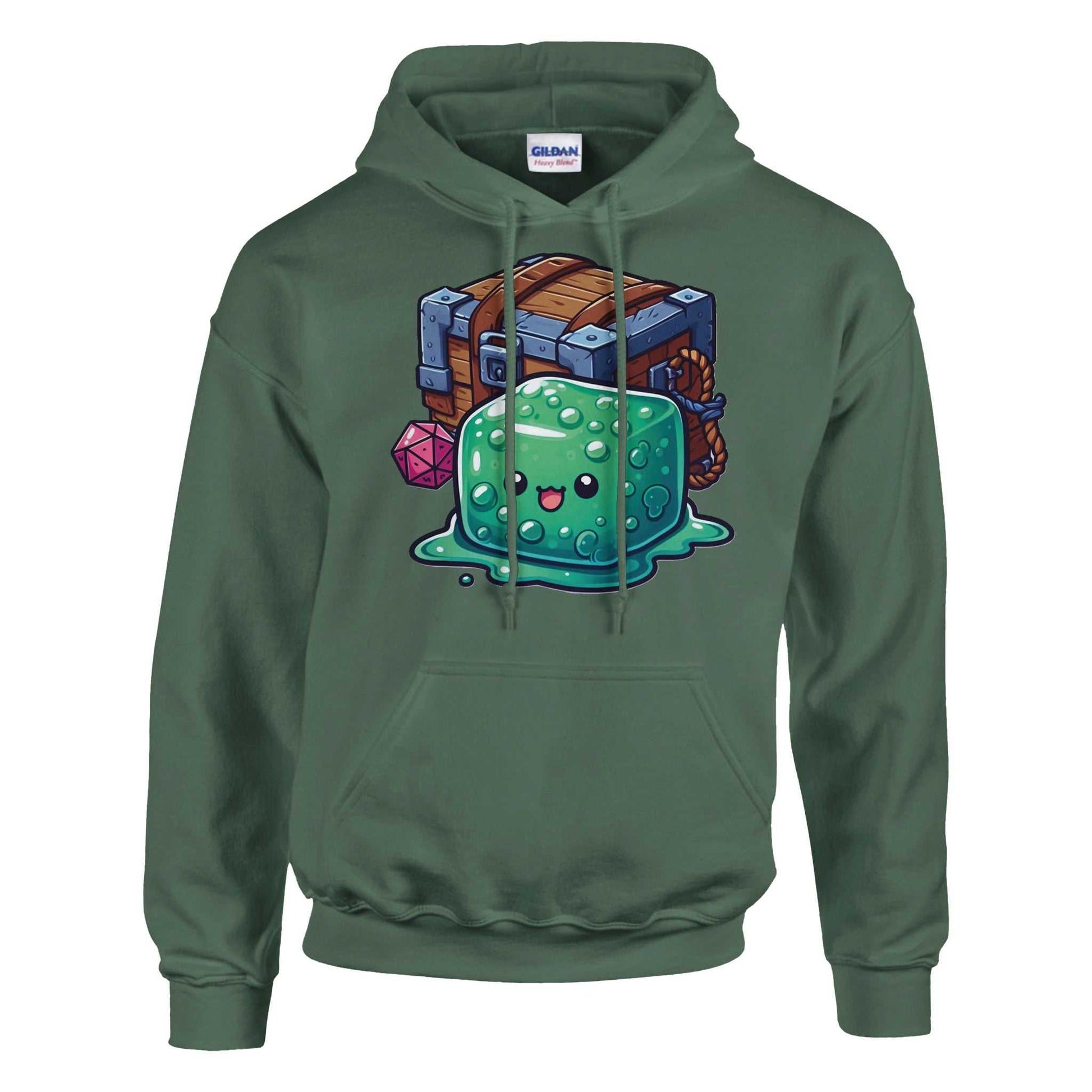 Gelatinous Cube and Mimic design men's pullover hoodie in green, made from a soft blend of cotton and polyester with a front pouch pocket.