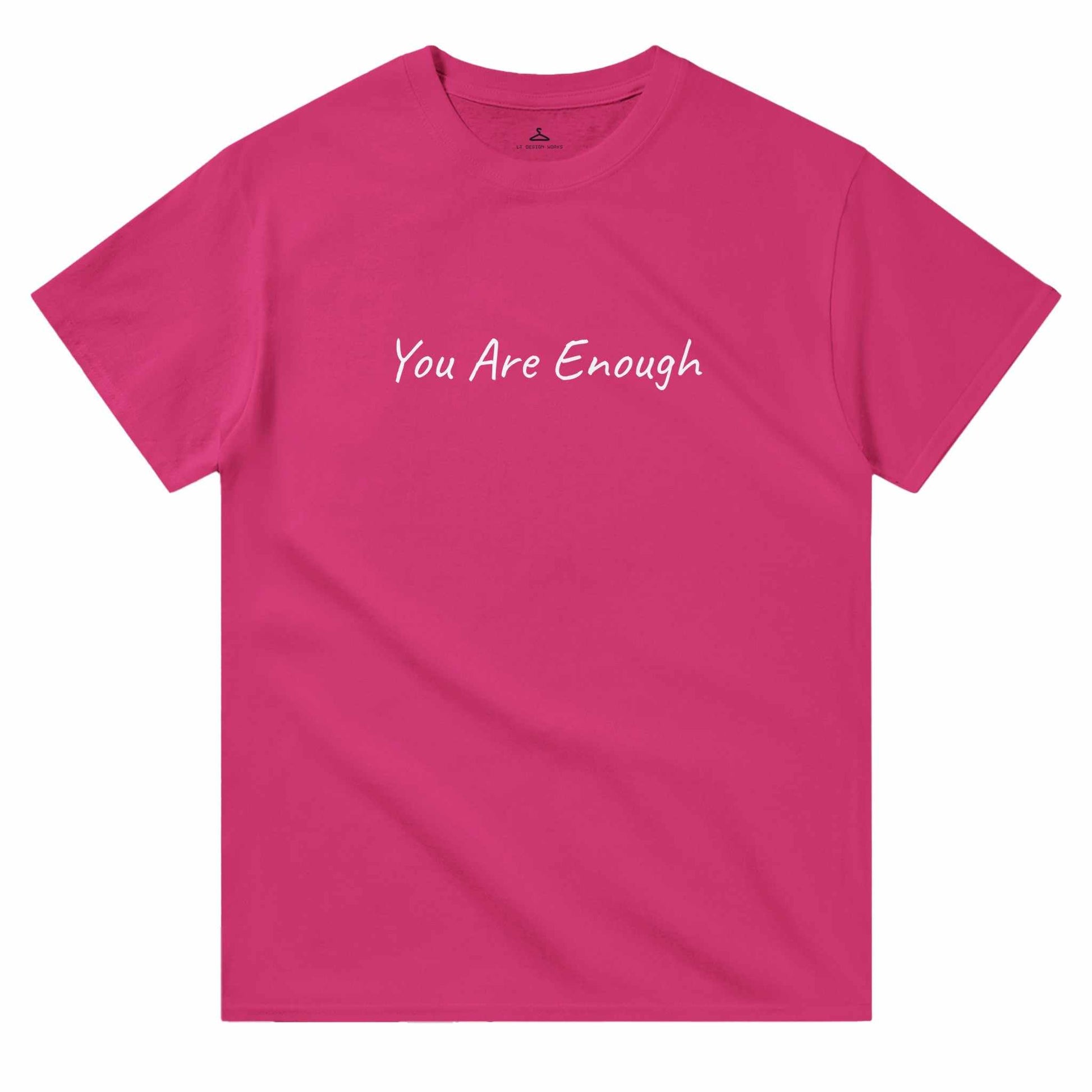 "You Are Enough" women's crewneck t-shirt in fuchsia, 100% cotton, classic fit.