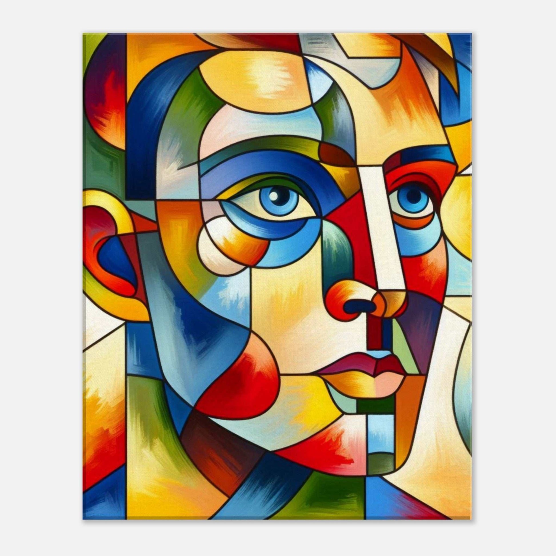 Modern abstract face canvas art print with colorful geometric design.