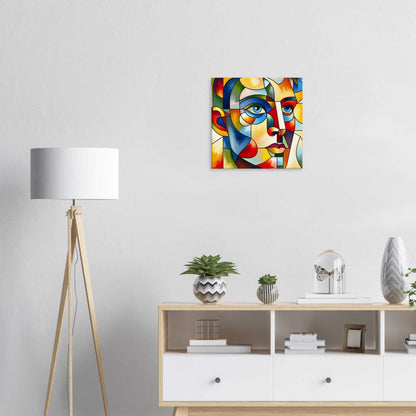 Colorful face canvas print on wall in modern living room setting.