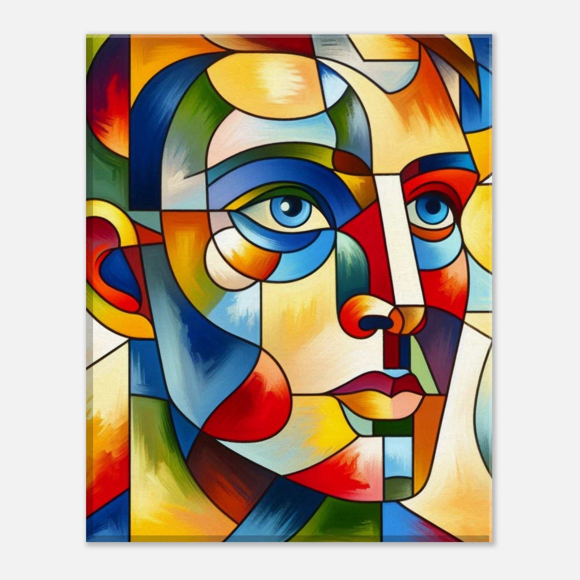 Colorful abstract face canvas print with geometric patterns, FSC certified wood stretcher bars, and easy installation hardware.