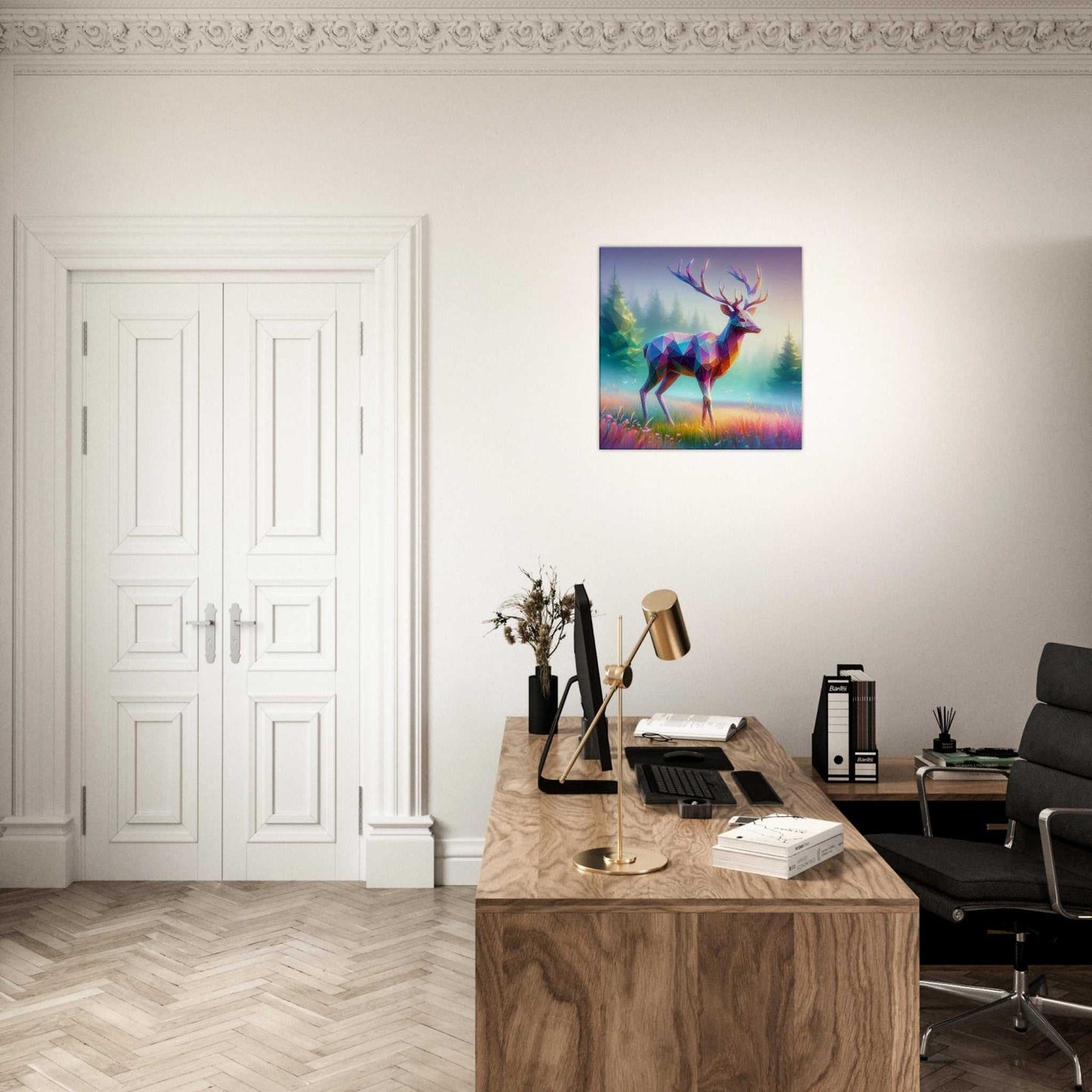 Stag canvas print on wall in elegant office, featuring vibrant forest scene.