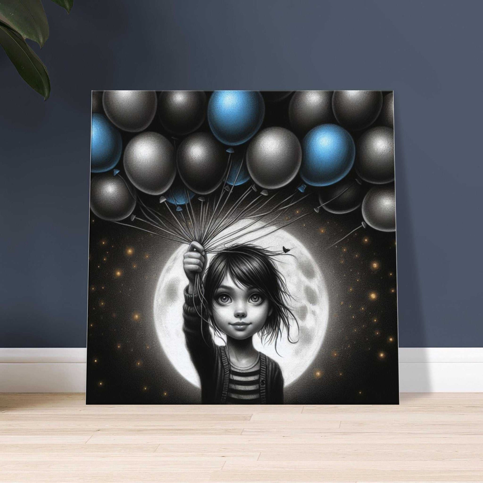 Balloons Canvas print featuring a girl holding balloons against a moonlit background, showcasing enhanced texture and beauty.