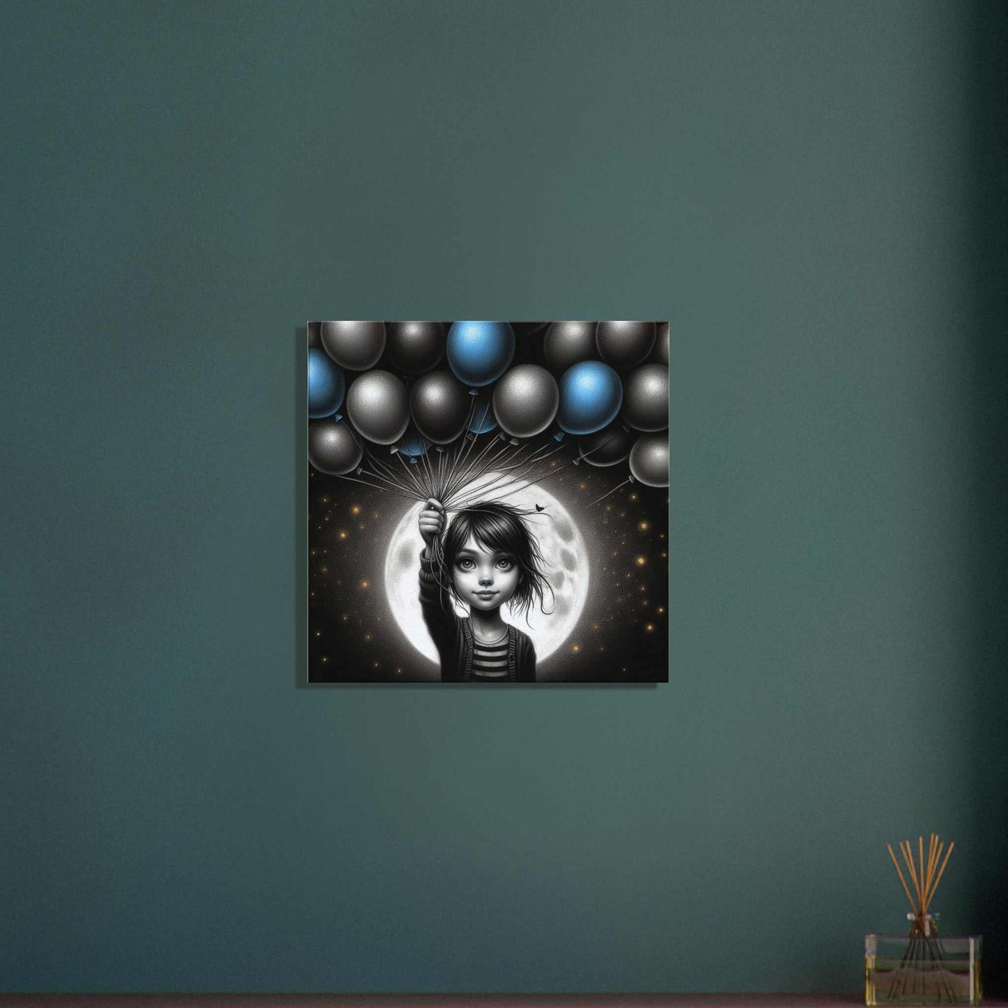 Modern balloons canvas print with girl holding balloons and moon background, high-quality cotton-polyester blend, FSC-certified wood stretcher bars, slim design.