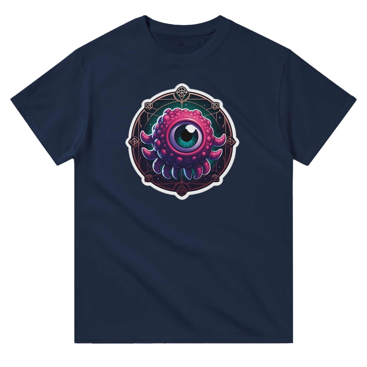 Beholder Men's Crewneck Tshirt with colorful creature design on navy fabric.