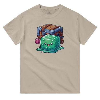 Gelatinous Cube and Mimic t-shirt, men's crewneck, durable heavyweight cotton, casual wear.