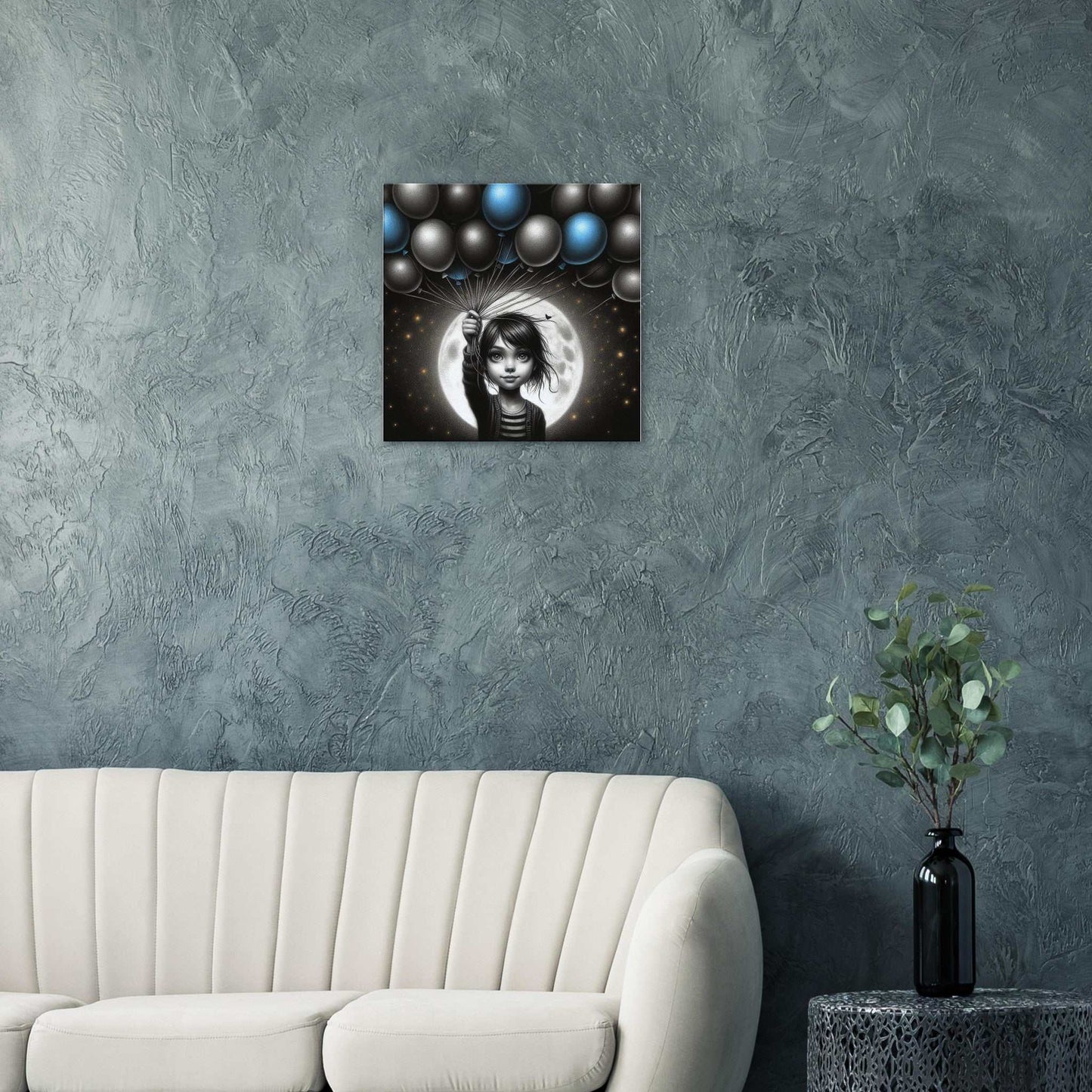 Balloons canvas print with enhanced texture, featuring immersive art on responsibly sourced materials, displayed above a sofa.