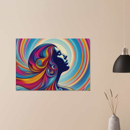 Colorful canvas art of a lady feeling the sun, featuring enhanced texture and vibrant hues, perfect for immersive decor.